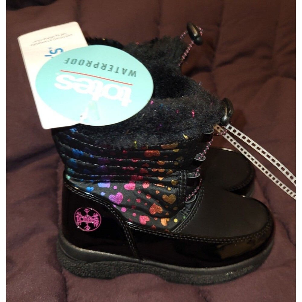 Totes Renee Toddler Girls Black With Hearts Winter Boots Faux Fur Lined Size 10